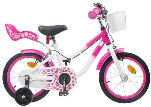 LoogCape Barncykel med stödhjul tum för barn i åldern upp till år rosa stålram, justerbar sits och styre, inklusive korg, ringklocka