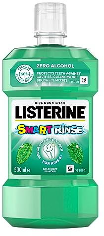 Listerine Smart Rinse Mild Mint Mouthwash (500ml), Kids Alcohol-Free Mouthwash to Reduce Cavities, Bad Bacteria, and Cleaning Teeth, Gums, and Tongue, Sugar-Free Formula