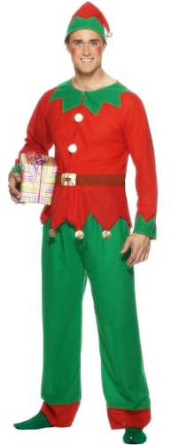 Smiffys Costume d'elfe, Rouge et vert, avec haut, pantalon et bonnet Halloween