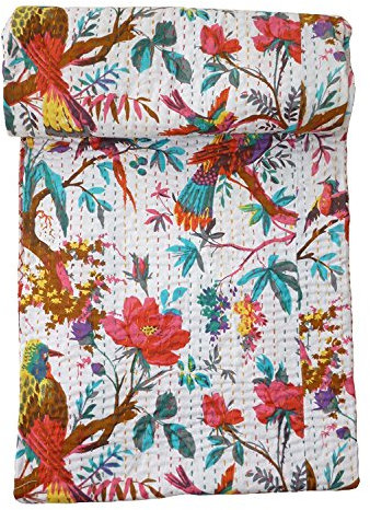 PUSHPACRAFTS Kantha-Steppdecke / Bettüberwurf für King-Size-Bett, Motiv Baum des Lebens, Weiß mit Vogelmotiv, 228 x 274 cm