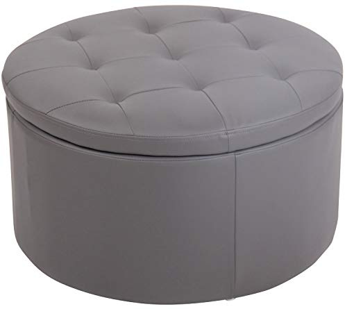 CLP Sitzhocker Evora Kunstleder I Stoff I Samt I Polsterhocker Rund I Gesteppter Hocker Mit Stauraum I Runder Hocker Gepolstert, Farbe:grau, Material:Kunstleder