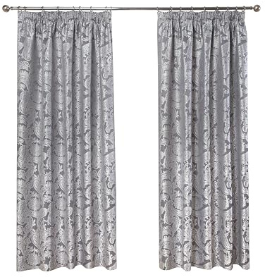 Emma Barclay Duchess Pencil Pleat Curtains - Lined Woven Damask Tape Top Curtains for Bedroom & Living Room - Softens Daylight & Adds Privacy (Silver, W 66 x L 54 (2 Panels))