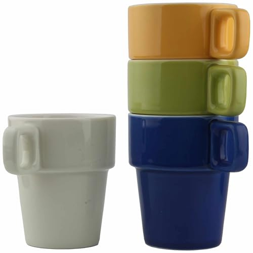 superyes Ceramic Stackable Coffee Mugs Set of 4, 320ml Capacity, Multi-Color Collection with White, Yellow, Green, Blue, Space-Saving Design