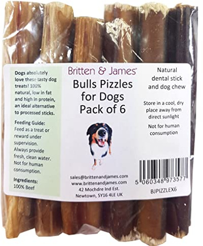 Britten & James 6 Thick Bulls Pizzles for Dogs (12cm length) - Bully Stick, Natural Dental Stick and Dog Chew. Hypoallergenic, Grain Free and Long Lasting Dog Treat