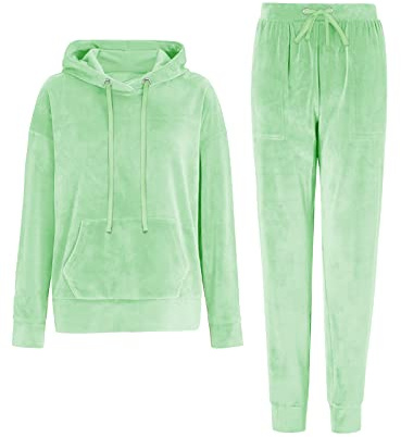 REORIA Womens Long Sleeve Hoodie Jogger Crewneck Two Piece Outfit Tracksuit Solid Color Sweatshirt and Sweatpants Set Light Green M