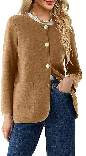 Langwyqu Womens Crew Neck Button Down Cardigan Sweaters Blazer Casual Long Sleeve Knit Solid Sweater with Pockets Khaki