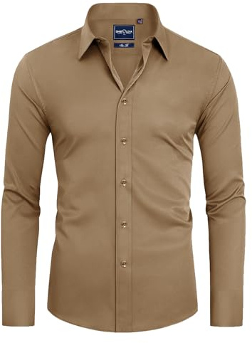 DEMEANOR Chemise pour homme - Manches longues - Coupe ajustée - Facile à repasser - Chemise de loisirs, kaki, M