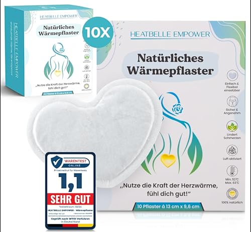 Heatbelle Empower® – Selbstklebende Wärmepflaster für Periode, Rücken, Nacken, Schulter, Menstruationsschmerzen, Periodenkrämpfe, Muskelkater – 12h Tiefenwärme – 10er oder 30er Box
