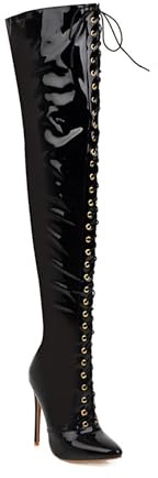 GHSIRUEU Femme Bottes Hautes Cuissardes en Cuir Verni à Talons Aiguilles Bout Pointu Bottes Longues avec Fermeture Éclair,Noir,36 EU