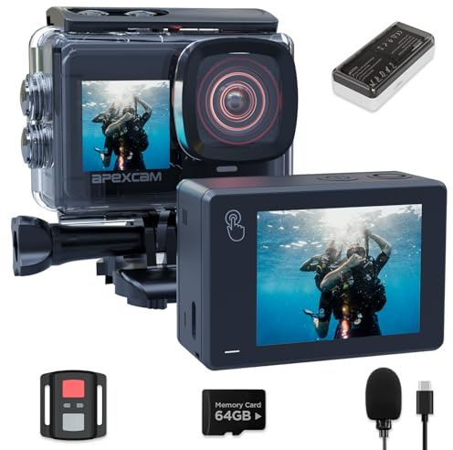 Apexcam Doppia Screen Action Cam 4K60FPS 8X Zoom EIS 48MP Con 64GB Scheda Ultra HD WiFi Fotocamera Sportiva Telecamera subacquea 40m Impermeabile 170 ° Wide Angle 2.4G Telecomando 2x1350mAh Batterie