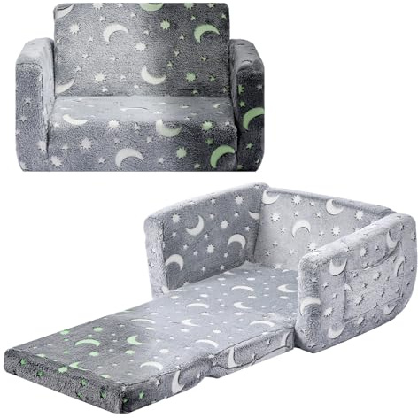 VEVOR Sofá Infantil 2 en 1 con Reposabrazos, Convertible en Tumbona, Sofá Cama Plegable y Suave de Esponja 28D y Franela con Estampado Que Brilla en la Oscuridad para Leer y Jugar, Talla M, Gris