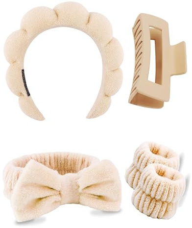 5 Pcs Spa Headbands for Wash Face, Makeup Headband, Facial Skincare Headbands, Puffy Sponge Spa Headband Bow Tie Hair Band Hair Clips Wristband Set Women Girls (khaki)