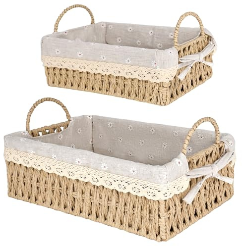 elthmpr Cesta de almacenamiento, decoración boho, juego de 2 cestas de regalo de macramé vacías, cesta de almacenamiento para papel higiénico, cesta de baño con doble asa, cesta de almacenamiento para