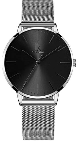 Alienwork Armbanduhr Damen Silber Metall Mesh Armband Edelstahl Schwarz Ultra-flach dünn