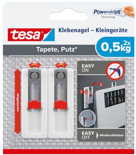 tesa Klebenägel Tapeten & Putz - höhen- und seitenverstellbar - selbstklebend - ideal für WLAN Router - Halteleistung 0,5kg/Nagel - spurlos ablösbar