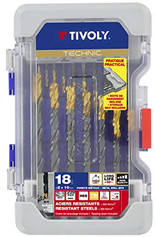 TIVOLY 11453170006- Coffret Ranger de 18 Forets métaux Technic HSS Steam Tin Contenant Ø 2-2, 5-3-3, 3-3, 5-4-4, 2-5-5, 5-6-6, 5-7-8-8, 5-9-10 mm