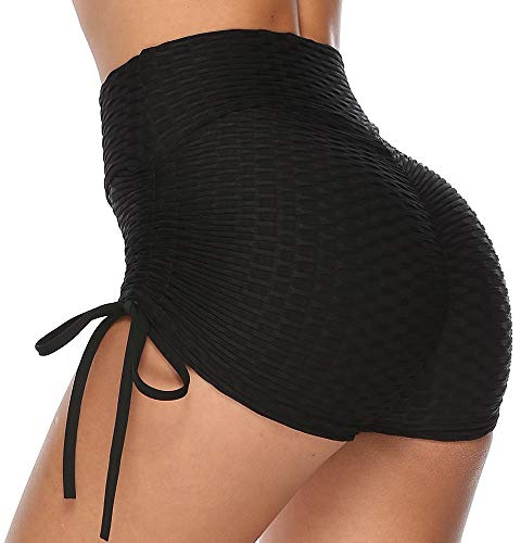 Famulily Women Yoga Pants Butt Ruched Butt Sport Gym Running Casual Elastic High Waist Shorts Ripped Leggings Hot Pants Black L