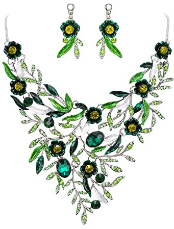 Clearine Bröllop Brud Blad Cluster Smycken Set för Kvinnor Kristaller Blomma Emalj Uttalande Halsband Örhängen Hängande Present, Mittel, Kristaller, Ingen ädelsten