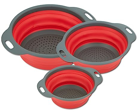 3x faltbares Seiher Sieb, Nudelsieb Silikon Klappbar, Spülmaschinenfestes Küchensieb, Umweltfreundlich Sieb Küche Perfekte zum Abtropfen von Nudeln, Gemüse, Obst (Rund)