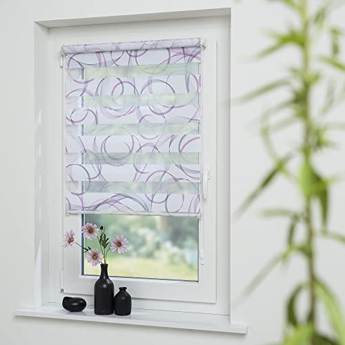 Klemmfix- Duorollo/Doppelrollo mit Druckmotiv Swirly mit verstellbaren Klemmträgern, Montage ohne Bohren, Breite: 70 cm/Höhe: 160 cm, Farbe: grau-Fuchsia