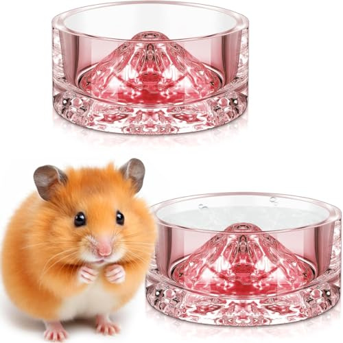 2 Pcs Hamster Water Bowls Glass Hamster Food Bowls Mountain Style Drinking Bowls Anti Turning for Dwarf Syrian Hamsters Guinea Pig Gerbils Mice Hedgehog Rats Chinchilla-Sized Small Pets (Pink)
