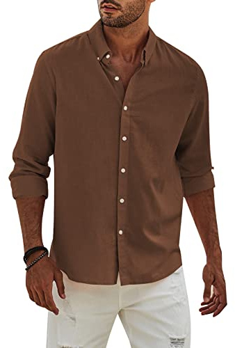 Elegancity Camisa de Lino Manga Larga para Hombre Camisas Informales de Verano Camisa Suelta de Ocio de Color Sólido con Botónes Top，Marrone M