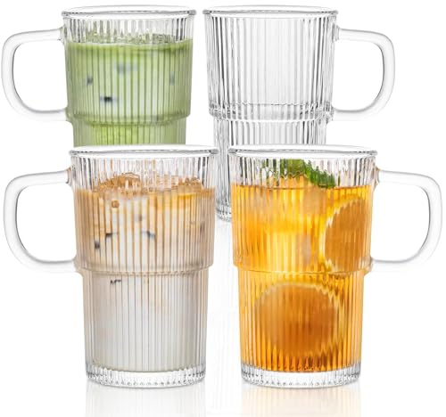 INSETLAN Geriffelte Gläser 4er-Set, 410 ml Latte Macchiato Gläser mit Henkel Set für Cappuccino, Tee, Latte, Smoothies, Matcha, heiße & kalte Getränke – Stapelbar und Spülmaschinenfest