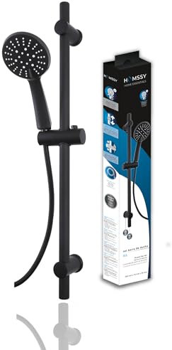 HOMSSY - Barra de Ducha Regulable negro mate 70 cm – Conjunto de Ducha en Acero Inoxidable con Alcachofa de Mano 5 Funciones, Manguera Flexible 1,75 m y Soporte Ajustable