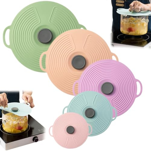 Lot de 5 couvercles en silicone pour casseroles et poêles de 32,4/28/23,9/20,9/15,2 cm, couvercles de bol de qualité alimentaire avec poignée, couvercles réutilisables à ventouse
