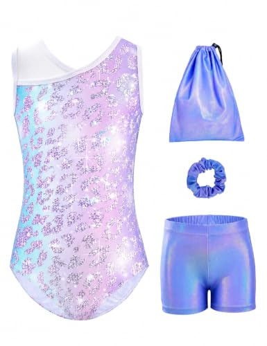 Tstiti Girls Gymnastics Leotard 4-Piece Outfit with Storage Bag Scrunchie & Shorts Dance Set for Toddler/Kids 3-12 Years