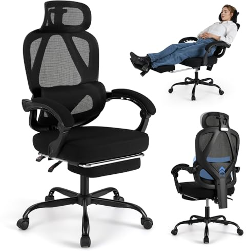 COSTWAY Silla Oficina Ergonomica, Respaldo Alto de Malla y Reposapiés Retráctil, Silla Gaming, Respaldo Inclinable, Reposacabezas, Altura y Soporte Lumbar Ajustables, Office Chair Ruedas