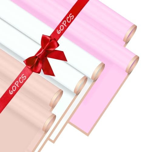 SENLINLIN 60 Fogli Carta per Fiori (58x58cm), Carta Bouquet Impermeabile con Bordo Dorato in Rosa & Bianco, Carta Regalo per Confezioni & Fai-da-te