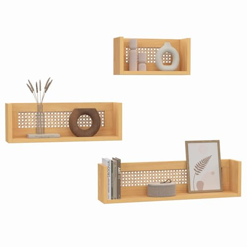 IDMarket - Lot de 3 étagères murales EDHEN Bois et cannage 60/45/30 cm