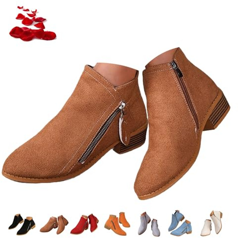 ZPLMIDE Botas de tacón grueso de gamuza para mujer con cremallera lateral, puntera puntiaguda y tacón bajo, cómodas botas de trabajo, Brown, 0 UK
