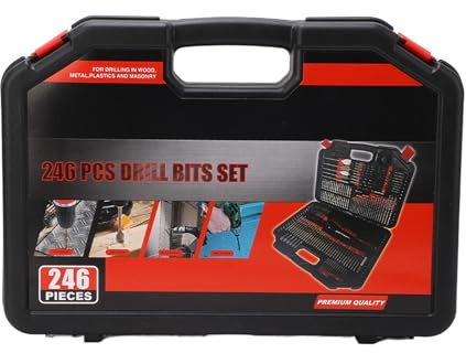 Fafeicy Juego de Brocas de 246 Piezas con Estuche de Almacenamiento Combinación de Acero de Alta Velocidad para Aplicaciones de Perforación y Destornillador de Mampostería de Madera Metálica Kit de