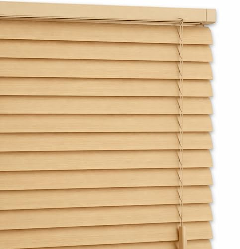 AQS - PVC Venetian Window Blinds - Easy Fit Curtains Trimmable Fittings - Windows Treatment Shutters Twist Open Close - Moisture Resistant Slats Wall & Recess Mount (Natural, 120W x 150H cm)