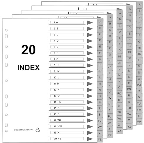 Thboxes Separadores A4 A-Z, 5 Paquetes, 20 Divisores Pp, Gris | PP Duradero, 11 Agujeros Universal, Pestañas A-Z, Para Archivadores Y Carpetas A4, Oficina, Escuela Y Hogar