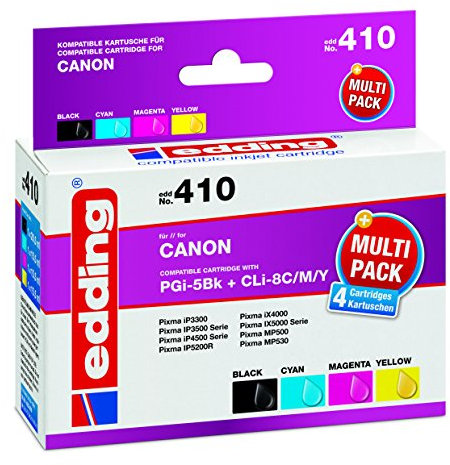 edding Druckerpatrone EDD-410 - Multipack 4 - Schwarz, Cyan, Magenta, Gelb - 1x 26,5 ml + 3x 15,5 ml - Reichweite 1x 565, 3x 965 Seiten - Ersetzt Canon PGI-5BK/CLI-8C/M/Y