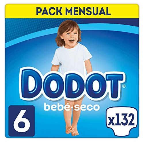 Dodot Pañales Bebé-Seco, Talla 6 (13-18 kg), 132 Pañales + Regalo de 1 Pack de 10 Toallitas Aqua Pure 99% Agua, Una Noche Hasta Un 100% Libre De Fugas, Pack mensual