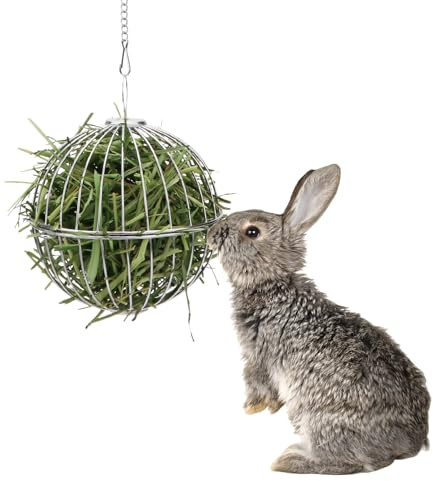 Wontee Rabbit Hay Ball Stainless Steel Hanging Feed Dispenser for Bunny Hamster Guinea Pig Rat Chinchilla (A: 5.11inch, Silver)