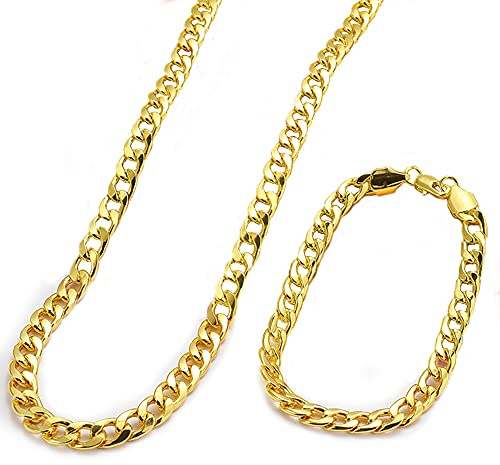ZoneYan Cuban Link Chain Set - Guldkedja Herr Halsband och Armband - Hip Hop Kubansk Pansarkedja i Rostfritt Stål Guld