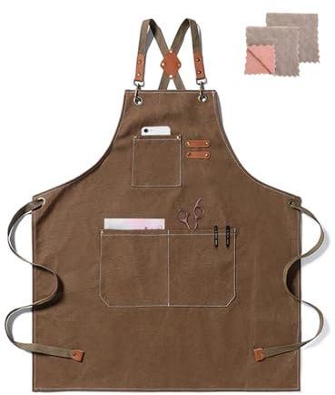 crazy bean Tablier Cuisine Homme et Femme Tablier de Barbecue Toile avec Poches Réglable Tablier de Travail pour Barbecue Jardin Café Kaki