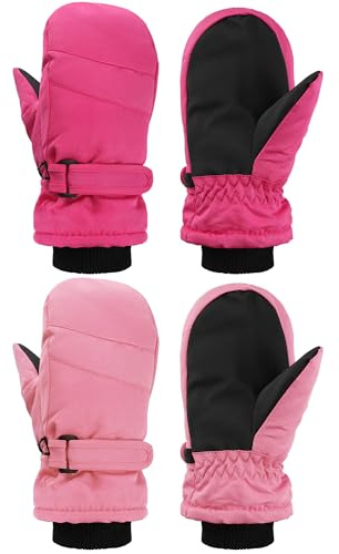 SATINIOR 2 Pairs Kids Snow Mittens Waterproof Winter Ski Gloves Warm Thicken Snow Gloves for Girls Boys (Rose Red, Pink,5-8 Years)