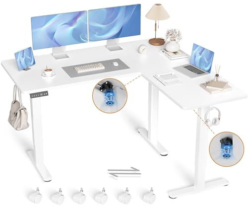 Claiks Eckschreibtisch Höhenverstellbar 160x140cm mit Dual-Motor, L Form Höhenverstellbarer Schreibtisch auf Rollen, L-förmiger Schreibtisch Weiß