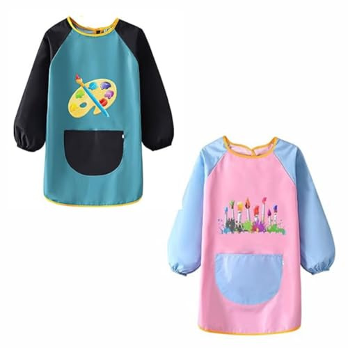 2 Piezas Delantal de Pintura para Niños, Bata de Arte para Niños Impermeable de Manga Larga con Bolsillo, Delantal de Manualidades para Cocinar Pintura Comer 6-12 Años Verde + Rosa