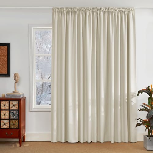 PONY DANCE Extra Wide Curtains for Living Room with Ruffle Tape 1 Piece H 220 x W 300 cm for Rail Partition Wall Thermal Curtain Cold Protection Blackout Light Beige