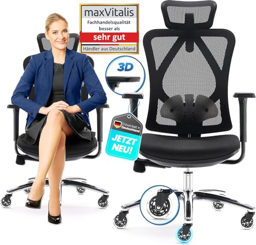 maxVitalis Bürostuhl Ergonomisch, Schreibtischstuhl mit 4 Fach höhenverstellbarer atmungsaktiver Mesh Rückenlehne, 3D Armlehne, Verstellbarer Lendenwirbelstütze und Kopfstütze