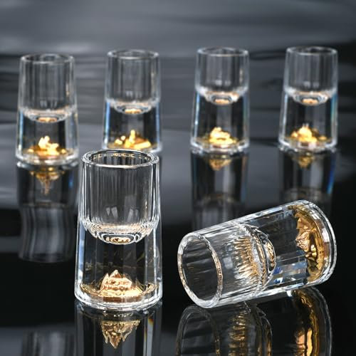 BSDLZCH Crystal Shot Glass Set of 6, 15ml Lead Free Glass with Heavy Base, Decorated with 24K Gold Golden Mountain, Ideal for Vodka, Alcohol, Tequila, Sake, Whiskey