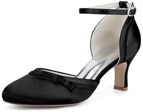 GYYZAYH Women's Ankle Strap Satin Bridal Shoes Closed Round Toe Wedding Pumps Mid Kitten Heel Mary Jane Evening Part Prom Shoes,Black,10 UK