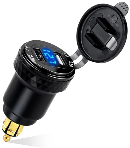 Caricatore Auto Accendisigari USB, Presa DIN a QC 3.0 Dual USB Carica Cellulare per Auto Impermeabile con Voltmetro LED Display Digitale, per Moto BMW 12-24 Volt